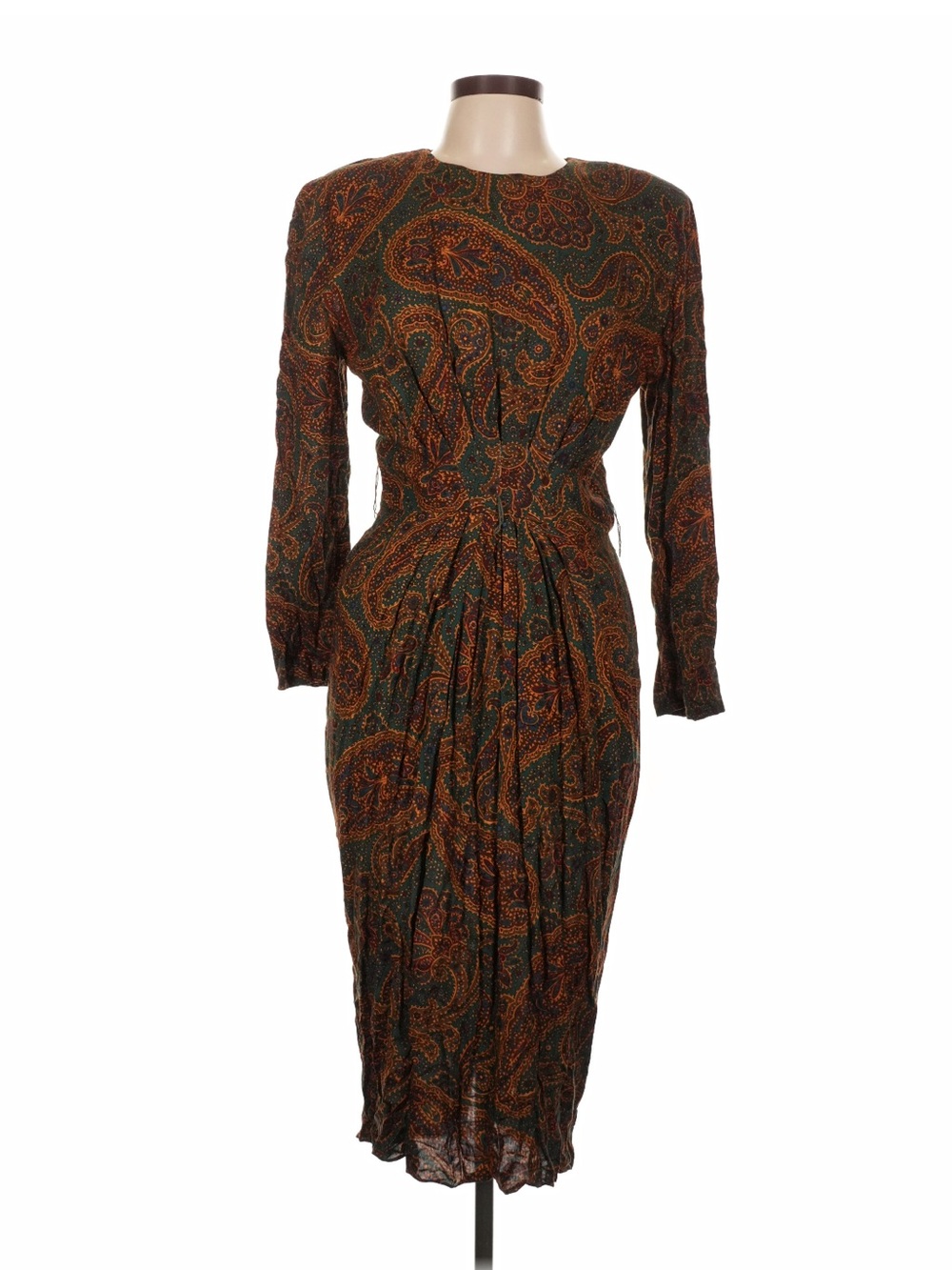 Green Paisley Long-Sleeve Waist-Detail Dress